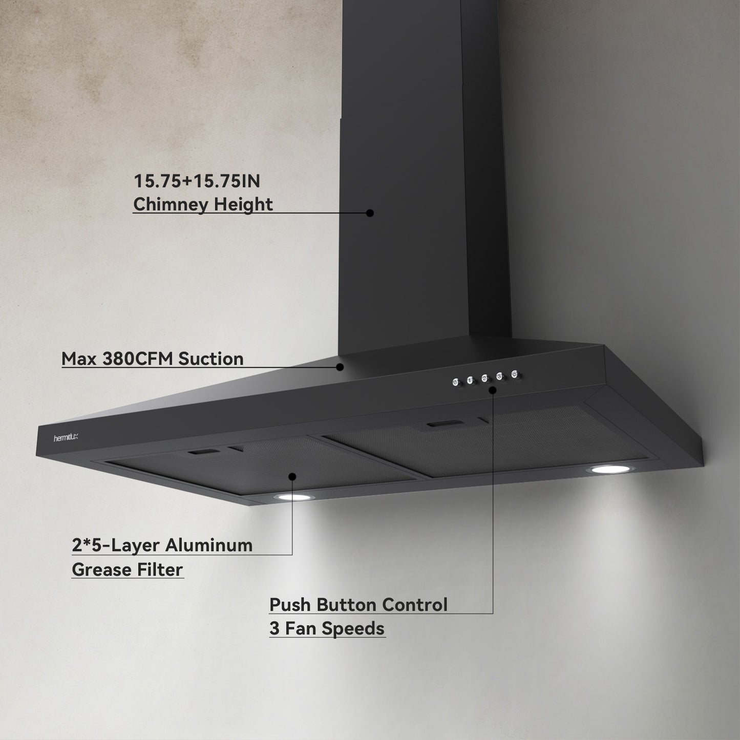 Hermitlux 30 inch Wall Mount Vent Hood for Kitchen with Charcoal Filter, 193 W