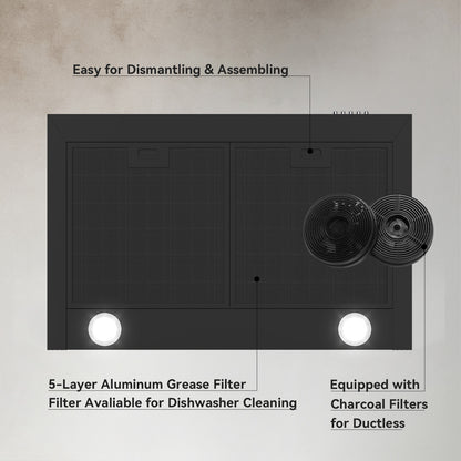 Hermitlux 30 inch Wall Mount Vent Hood for Kitchen with Charcoal Filter, 193 W